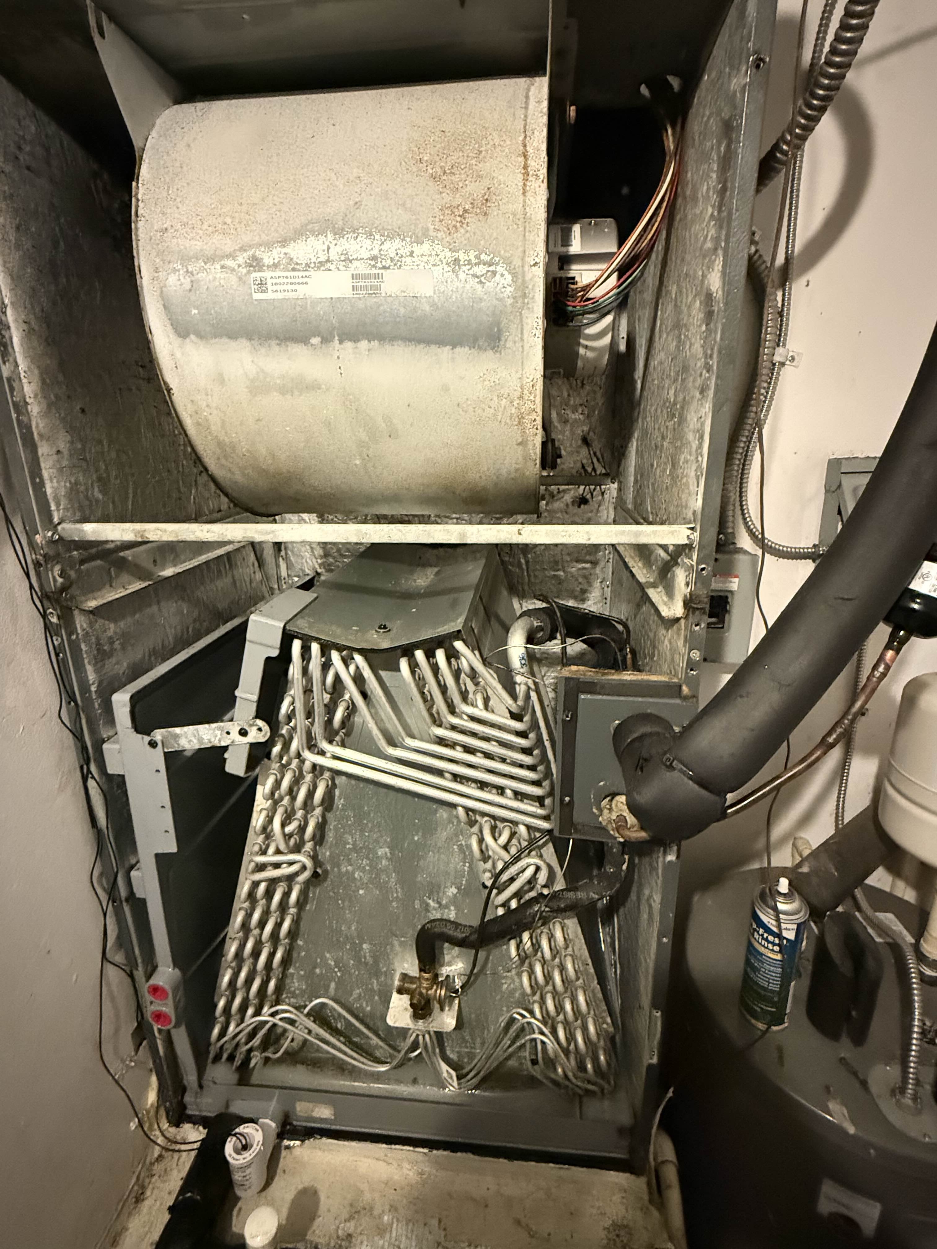Evaporator coil, drain pan, and PVC condensate line on a residential air handler