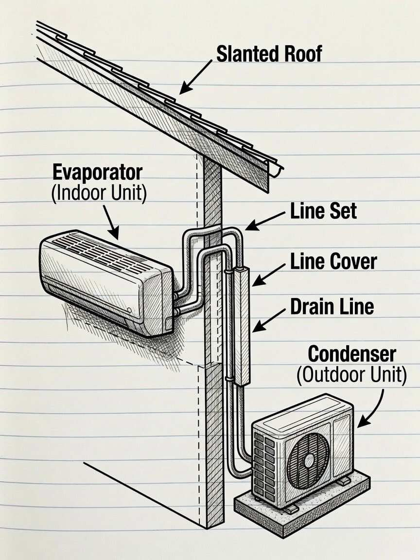 Mini-split install schematic showing evaporator, line set, line cover, drain line, and condenser